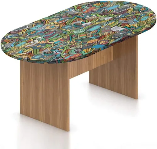 Vista 24 de Mantel ovalado ajustable para mesa de patio, con bordes elásticos de poliéster, diseño de conejitos y nubes Kawaii con bonitos estampado