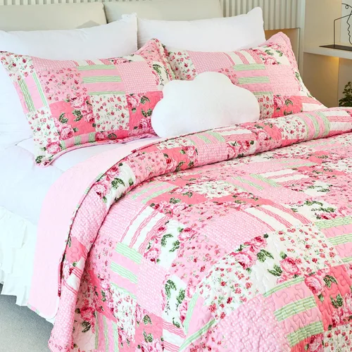 Vista 12 de Colcha floral con 1 funda de almohada, tamaño individual, juego de edredón de retazos rosa de 2 piezas, edredón de verano para niñas y mujeres