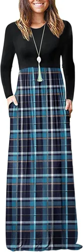 Vista 7 de Vestido de manga larga para mujer, holgado, liso, largo, estilo informal, con bolsillos. 01-verde militar