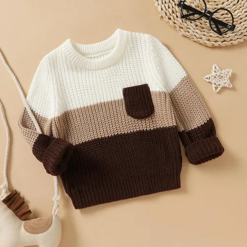 Vista 2 de Suéter de punto para bebé, niña, niño, con bloques de color, cuello redondo, manga larga, sudadera para otoño e invierno