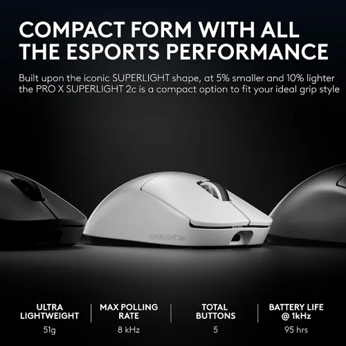 Vista 2 de Logitech G PRO X Superlight 2c Ratón inalámbrico para juegos, ratón compacto de grado profesional de 51 g con 5 botones programables, carga USB-C