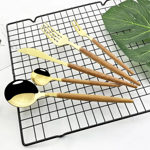 Vista 2 de JASHII Juego de cubiertos de madera de acero inoxidable de 20 piezas, mango de madera, cuchillo tenedor, cuchara, utensilios de cocina para 4