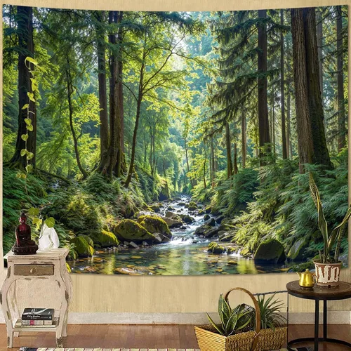 Vista 22 de Kanuyee Tapiz de bosque verde, tapiz de paisaje para pared, tapices de naturaleza para techo y pared, colgante para dormitorio, sala de estar