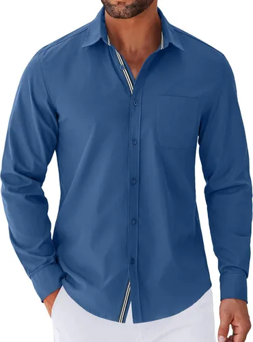 Vista 23 de COOFANDY Camisa para hombre de manga larga casual con botones, camisas sin doblar para hombre de ajuste regular