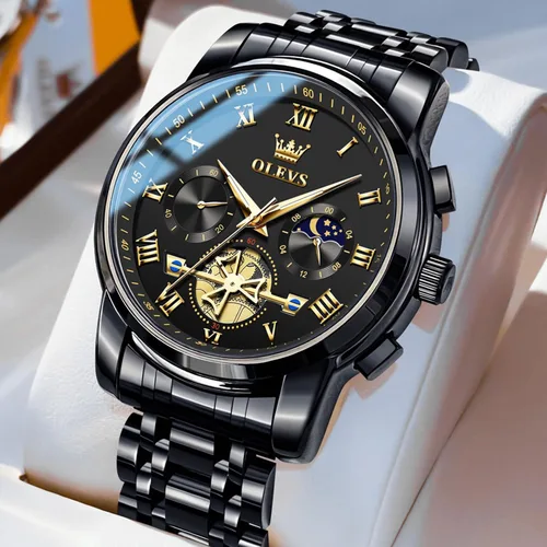 Vista 3 de OLEVS Relojes para hombre, resistente al agua, de lujo, gran cara, reloj analógico de cuarzo de acero inoxidable, relojes de vestir analógicos