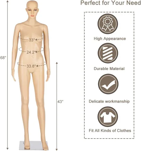 Vista 4 de Bonnlo Maniquí femenino de cuerpo completo, ajustable, forma de maniquí con base de metal, 68 pulgadas, plástico desmontable para exhibiciones