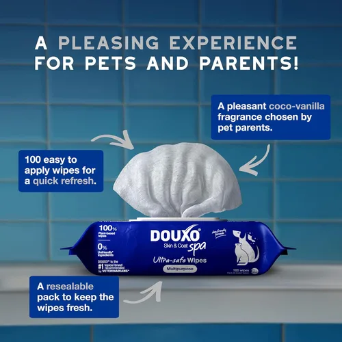 Vista 6 de DOUXO® Skin & Coat SPA - Toallitas Multiusos Ultra Seguras para Perros y Gatos, 100 Toallitas, Elimina Suavemente Manchas de Lágrimas y Saliva, Deja