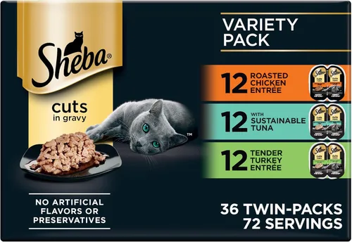 Vista 14 de Sheba SHEBA PERFECT PORTIONS Comida suave y húmeda para gatos Cortes en salsa Paquete de variedad de plato principal de atún y pollo asado, (6) 2.6
