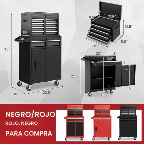 Vista 3 de ERGOMASTER Caja de Herramientas Resistente con Ruedas con Gabinete de 5 Cajones Bloqueables y Gabinete Extraíble para Garaje y Taller - Negro