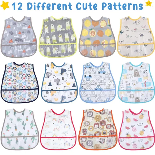 Vista 4 de Jeyiour Baberos impermeables para bebés de 6 a 36 meses, 12 unidades, con enganchador de alimentos, con broches ajustables, de plástico