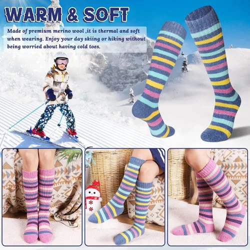 Vista 3 de Calcetines de esquí para niños de lana merina cálidos térmicos para senderismo snowboard hasta la rodilla calcetines para botas para niños y niñas 2