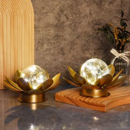Vista 6 de JHY DESIGN - Juego de 2 lámparas de mesa de loto dorado alimentadas por batería, lámpara inalámbrica de 15 cm de altura, con batería operada, ideal