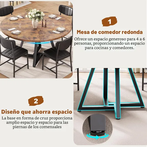 Vista 4 de Jocoevol Mesa redonda de comedor de 51 pulgadas, mesa de pedestal con estante de almacenamiento, mueble industrial circular de madera que ahorra