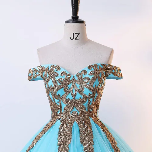 Vista 5 de NGBUY Elegante vestido de baile de tul para mujer, vestido de fiesta con hombros descubiertos, vestido de quinceañera brillante, vestido dulce 16