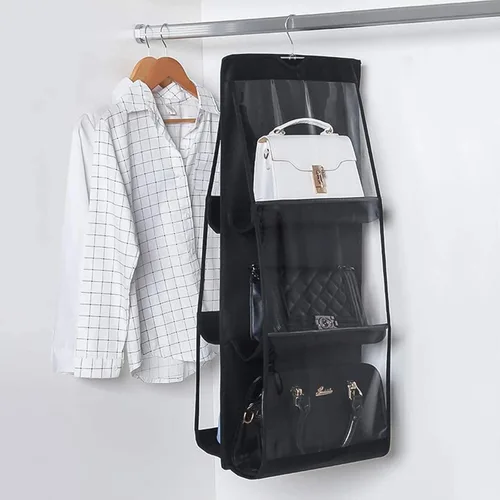 Vista 4 de HAN SHENG Organizador colgante de 6 bolsillos transparente para bolsos y monederos - Estante colgante para ahorrar espacio para clóset, armario