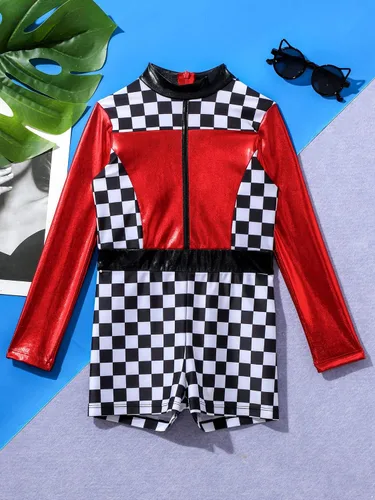 Vista 3 de Nyeemya Disfraz de piloto de coche de carreras para niños y niñas, traje de corredor de manga larga para Halloween, cosplay, fiesta de disfraces