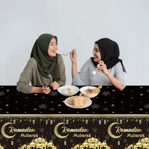 Vista 6 de 1 Manteles Ramadán Mubarak Eid Mubarak Decoraciones de Mesa Ramadán Kareem Suministros de Fiesta Negro y Dorado Cubierta de Mesa Rectangular