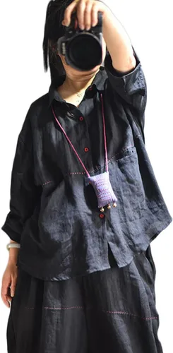 Vista 4 de NFYM Camisa de lino y lino con botones para mujer, hecha a mano, manga larga, ajuste holgado, cuello con bolsillo