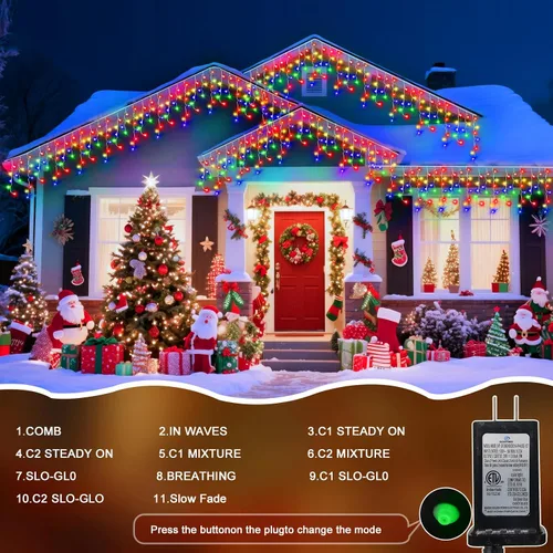Vista 3 de Luz de hielo de 49 pies para exterior, 480 luces LED de Navidad para exteriores, iluminación de hielo de Navidad con 11 modos y temporizador