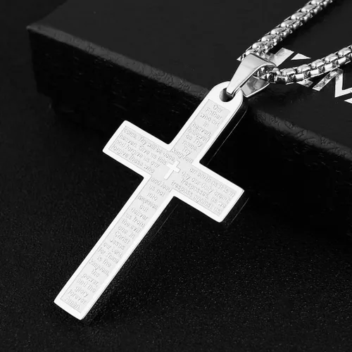 Vista 3 de HZMAN Stainless Steel Mens Womens Cross Necklace Lords Prayer Pendant 4 Colors Available