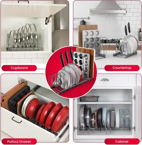 Vista 6 de BetterThingsHome - Soporte organizador de sartenes: se puede extender a 22.25 pulgadas, total 7 compartimentos ajustables. Gris Oscuro