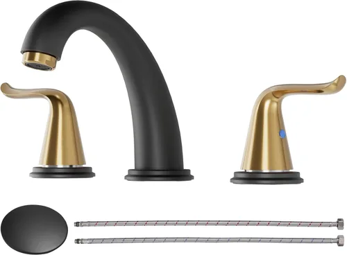 Vista 9 de WOWOW Grifo de Baño Extendido - 3 Orificios, Negro, Centro de 8 Pulgadas, Doble Manija, Arco Alto, Grifo de Lavabo con Ensamble de Drenaje Pop-Up