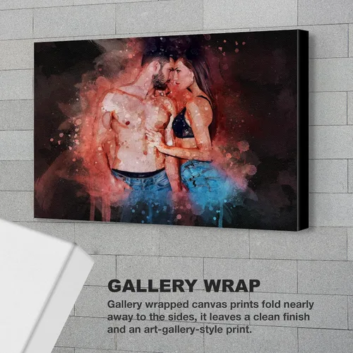 Vista 3 de Retrato personalizado de pareja de fotos en acuarela con fondo oscuro sobre lienzo, despedida de soltera y regalo memorable para marido o novio