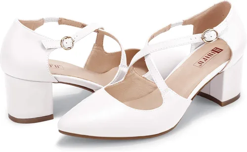 Vista 5 de IDIFU Lynn - Vestido de tacón bajo para mujer, con puntera cerrada, tacón grueso, correa cruzada, boda, fiesta, oficina, zapatos, 5