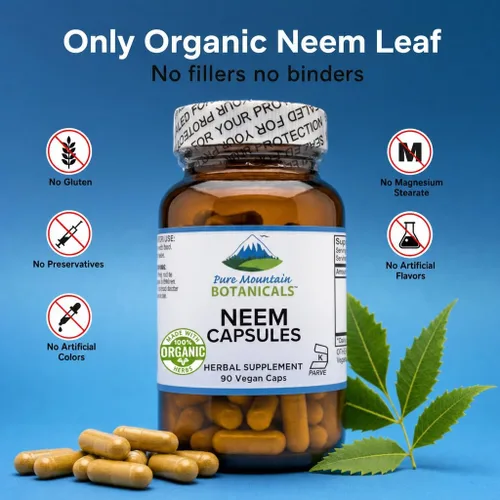 Vista 4 de Pure Mountain Botanicals Neem Cápsulas – Hoja de Neem orgánica de 500 mg – 90 cápsulas Kosher veganas – Suplemento para la piel y el bienestar