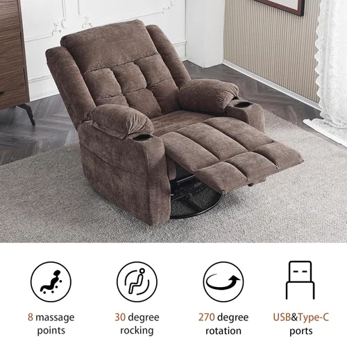Vista 7 de Ketaiyou Silla reclinable giratoria eléctrica para adultos con masaje y calor, puertos USB y tipo C, posición infinita, sillón reclinable eléctrico