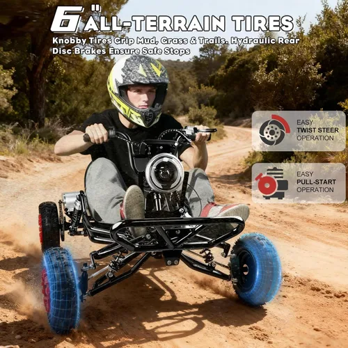 Vista 5 de Go Kart eléctrico, Go Kart con motor de 2000 W para adultos y niños con marco tubular de acero de alta calidad, kart todoterreno de 3 velocidades