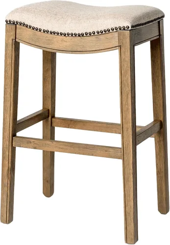Vista 41 de Maven Lane Adrien Taburete de bar sin espalda, juego de 2, asiento de silla de montar de 31 pulgadas con reposapiés, marco de madera maciza marrón