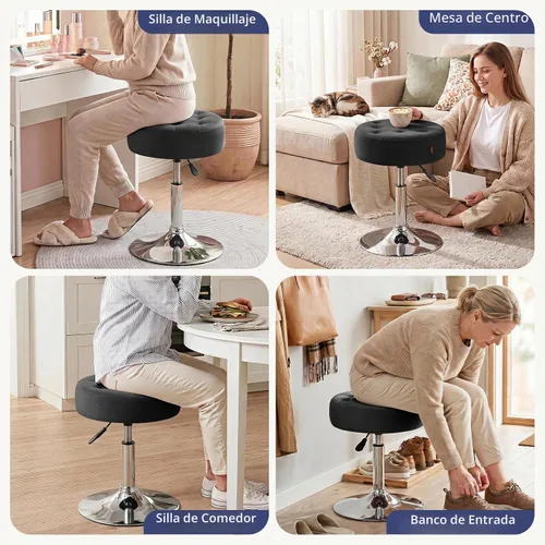 Vista 4 de Furniliving Taburete Otomano de Maquillaje de Terciopelo Acolchado de Mediados de Siglo, Silla Taburete de Tocador Giratoria Redonda Ajustable