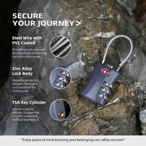 Vista 4 de TSA Locks for Luggage, Small Combination Padlock with Cable, Luggage Locks TSA Approved for International Travel Essentials, Suitcase, Backpack
