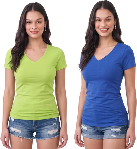 Vista 149 de Emmalise Camiseta de manga corta para mujer, cuello en V, tallas junior y plus