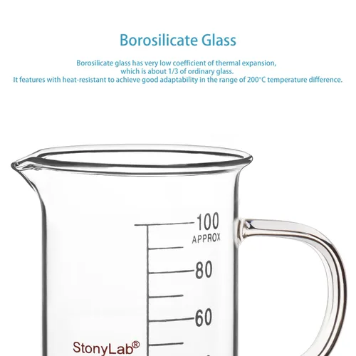 Vista 3 de stonylab Vaso de cristal con asa, vidrio de borosilicato graduado de forma baja con mango y boquilla de vertido, 3.4 fl oz