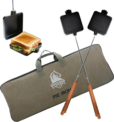 Vista 9 de Campfire Pie Iron - Sandwichera grande de hierro fundido de 4.9 pulgadas para camping, 2 piezas con bolsa de almacenamiento, asas ajustables de 21.7