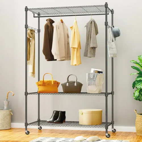 Vista 3 de Himimi Perchero resistente de 3 niveles con ruedas, estante de alambre ajustable con barra para colgar, 4 ganchos laterales, estante de Gris