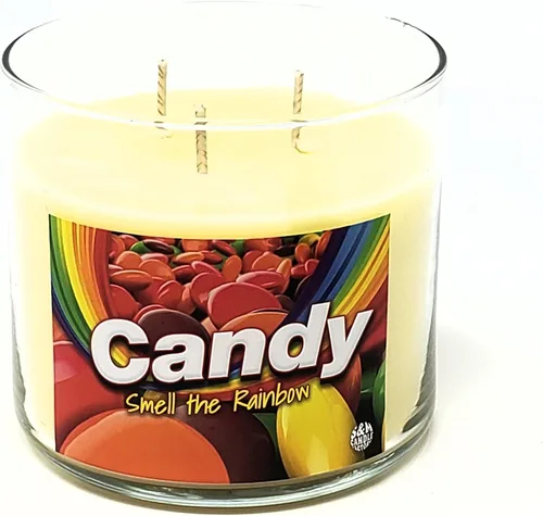 Vista 3 de Vela perfumada de caramelo con 3 mechas ~ Fragancia de caramelo Skittles ~ Smell the Rainbow!!! (Grande 3 mechas)