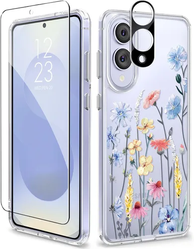 Vista 61 de GVIEWIN Funda protectora para Samsung Galaxy S25, transparente floral, delgada, a prueba de golpes, para mujer, no se pone amarilla, con protector