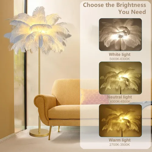 Vista 3 de Lámpara de pie de avestruz natural moderna para sala de estar, lámpara de pie LED con interruptor de pie, acabado dorado, elegante pantalla