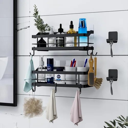 Vista 2 de Estante de baño para ducha, paquete de 2, cesta con 8 ganchos para colgar champú acondicionador, estante de acero inoxidable, organizador