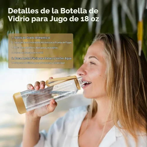 Vista 2 de Sursip Botellas de agua de vidrio de 18 onzas con tapas, botellas de jugo, botella de jugo de vidrio transparente para exprimir, botellas de jugo