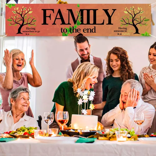Vista 4 de Pancarta colorida para patio interior y exterior, grande, con texto en inglés "We Are Family", telón de fondo familiar de 70.87 pulgadas de largo x