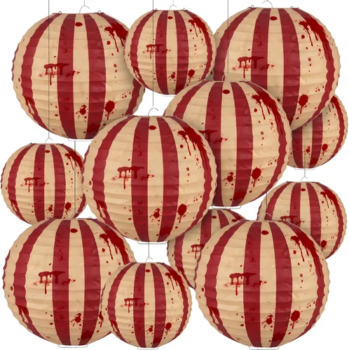 Vista 9 de Hortsun 12 linternas de papel a rayas rojas y azules, faroles de papel chinos colgantes para carnaval, circo, boda, fiesta de cumpleaños, baby