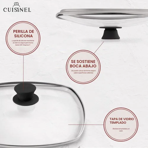 Vista 2 de Cuisinel - Sartén de hierro fundido cuadrada para parrilla + tapa de vidrio + raspador de sartén + cubierta de mango - Sartén con nervaduras