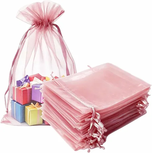 Vista 17 de Bolsas de regalo de organza de 4 x 6 pulgadas con cordón para joyas, dulces, paquetes de 50 bolsas de té de tela transparente azul aguamarina
