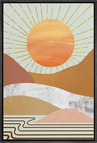 Vista 8 de bestdeal depot Lienzo enmarcado para pared, arte geométrico de sol y montaña, reflejo del mar, naturaleza, ilustraciones de área silvestre, arte
