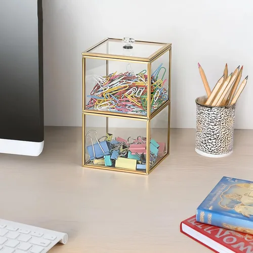 Vista 5 de Almacenamiento multiusos para baño, soporte para brochas de maquillaje de vidrio, organizador de bolas de algodón Qtip, 3.9 x 3.9 x 6.3 in