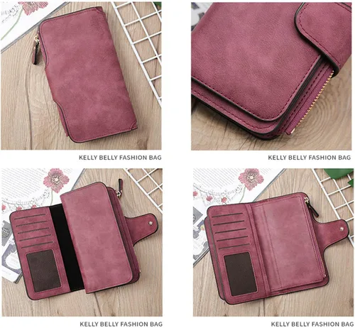 Vista 6 de Billetera para mujer, monedero esmerilado para mujer, multifuncional, larga, tarjetero, bolsa de viaje con cartera larga, Rosado, Cartera larga